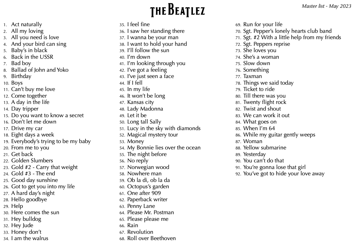 Beatlez Songlist